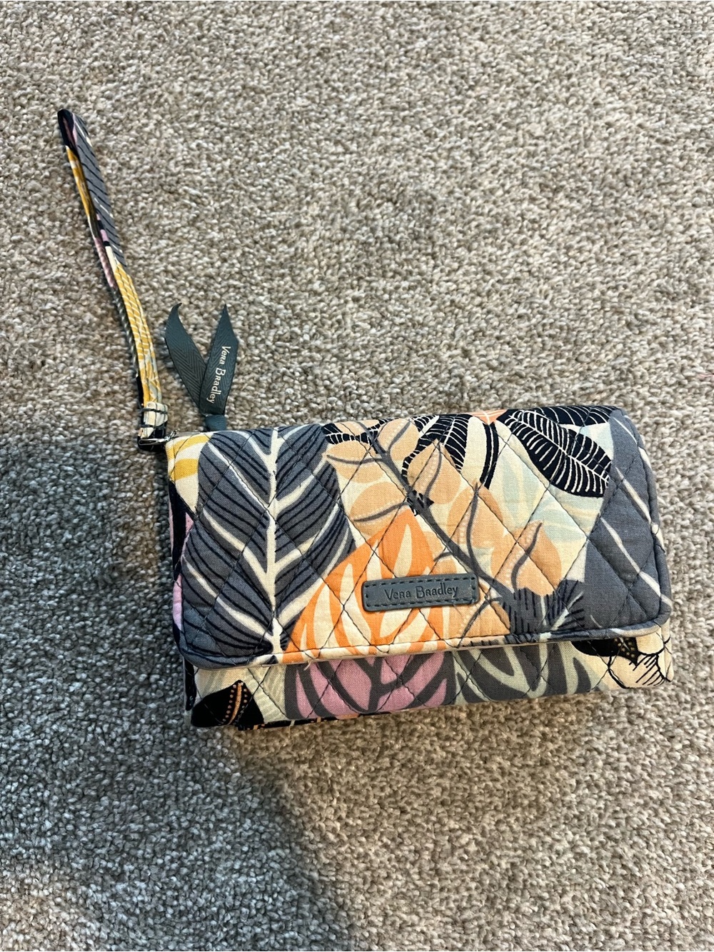 Vera Bradley Quilted Wristlet in Gray with Orange, Pink & Yellow Leaf Print